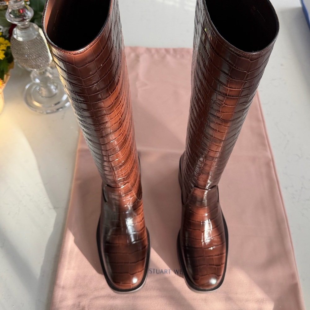 Stuart Weitzman Kaia Croc-Embossed Leather Knee-High Boots NWT - Picture 5 of 15